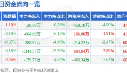 股票行情快报:森远股份(300210)8月1日主力资金净卖出20.50万元