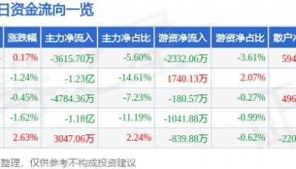 股票行情快报:宗申动力(001696)3月12日主力资金净卖出3615.70万元