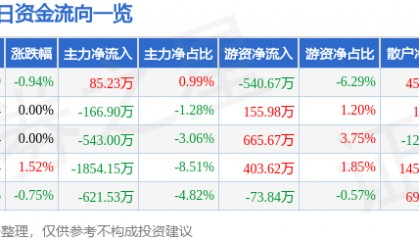 股票行情快报:云南旅游(002059)9月9日主力资金净买入85.23万元