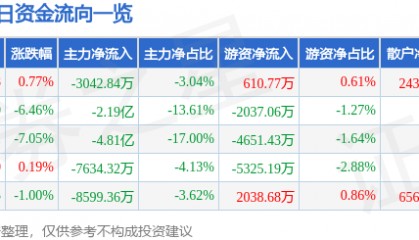 股票行情快报:宗申动力(001696)3月3日主力资金净卖出3042.84万元
