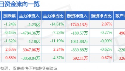 股票行情快报:宗申动力(001696)3月11日主力资金净卖出1.23亿元
