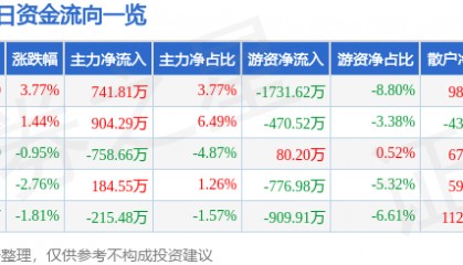 股票行情快报：飞马国际（002210）7月1日主力资金净买入741.81万元