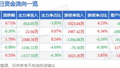 股票行情快报:九洲药业(603456)7月10日主力资金净卖出954.05万元