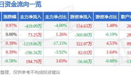 股票行情快报:云南旅游(002059)8月20日主力资金净卖出419.09万元
