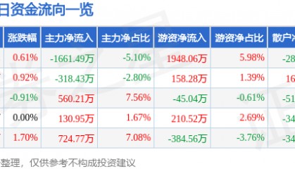 股票行情快报:深圳能源(000027)12月30日主力资金净卖出1661.49万元