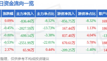 股票行情快报:森远股份(300210)8月11日主力资金净卖出836.44万元