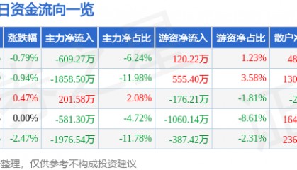 股票行情快报：紫江企业（600210）1月9日主力资金净卖出609.27万元