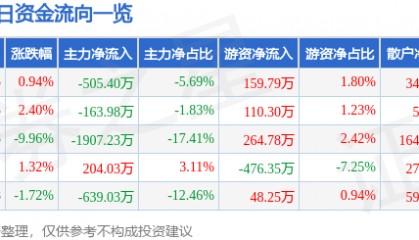 股票行情快报:华电能源(600726)4月9日主力资金净卖出505.40万元