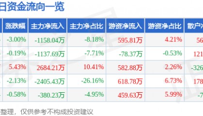 股票行情快报:森远股份(300210)9月18日主力资金净卖出1158.04万元