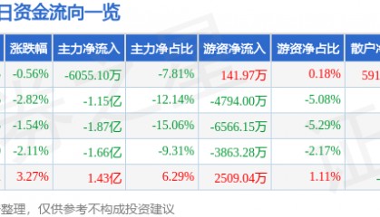 股票行情快报:宗申动力(001696)5月16日主力资金净卖出6055.10万元