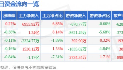 股票行情快报：格力电器（000651）6月11日主力资金净买入6955.92万元