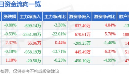 股票行情快报:森远股份(300210)8月7日主力资金净卖出699.14万元