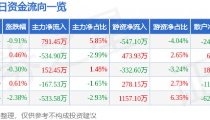 股票行情快报:深圳能源(000027)12月19日主力资金净买入791.45万元