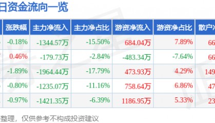 股票行情快报:森远股份(300210)7月29日主力资金净卖出1344.57万元