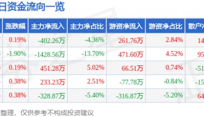 股票行情快报:云南旅游(002059)8月28日主力资金净卖出402.26万元