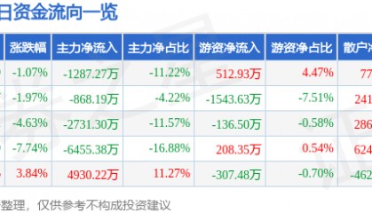 股票行情快报:金陵饭店(601007)6月18日主力资金净卖出1287.27万元