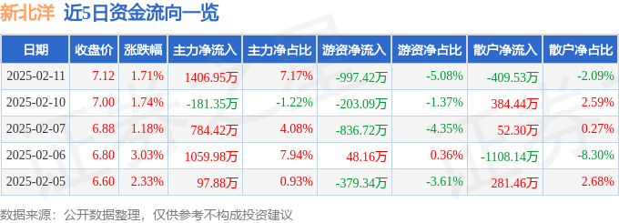 股票行情快报：新北洋（002376）2月11日主力资金净买入1406.95万元