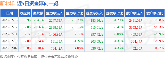 股票行情快报：新北洋（002376）2月13日主力资金净卖出2247.73万元