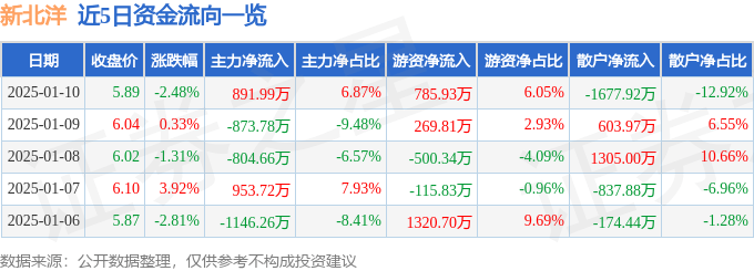 股票行情快报：新北洋（002376）1月10日主力资金净买入891.99万元