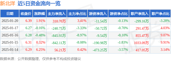 股票行情快报：新北洋（002376）1月20日主力资金净买入310.70万元