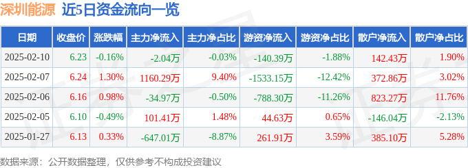 股票行情快报：深圳能源（000027）2月10日主力资金净卖出2.04万元