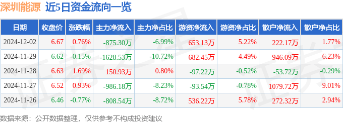 股票行情快报：深圳能源（000027）12月2日主力资金净卖出875.30万元