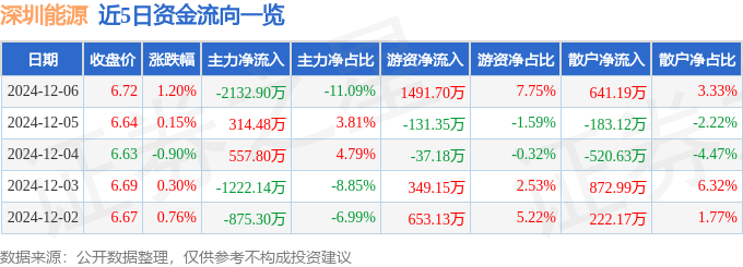 股票行情快报：深圳能源（000027）12月6日主力资金净卖出2132.90万元