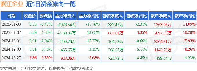 股票行情快报：紫江企业（600210）1月3日主力资金净卖出1976.54万元