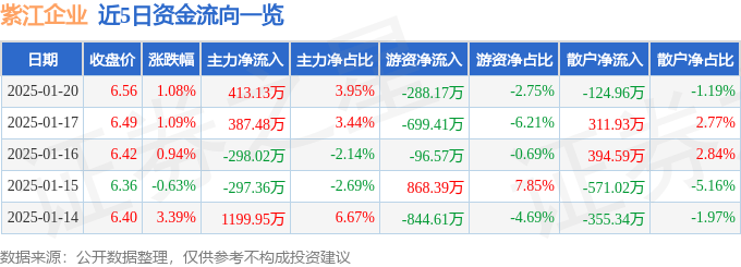 股票行情快报：紫江企业（600210）1月20日主力资金净买入413.13万元