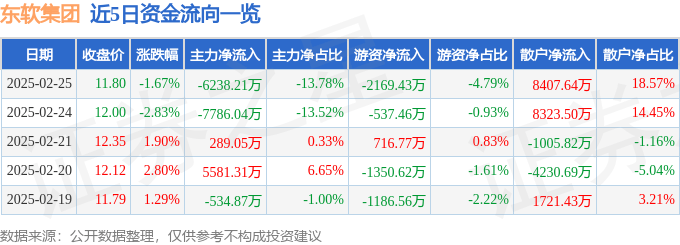 股票行情快报：东软集团（600718）2月25日主力资金净卖出6238.21万元