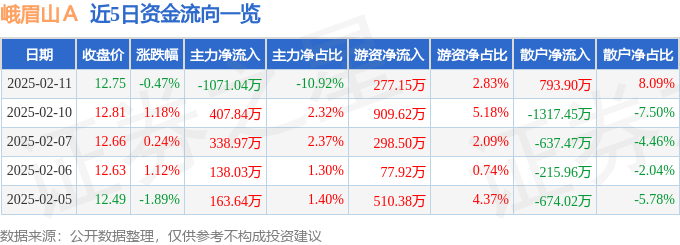 股票行情快报：峨眉山Ａ（000888）2月11日主力资金净卖出1071.04万元