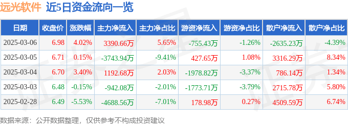 股票行情快报：远光软件（002063）3月6日主力资金净买入3390.66万元