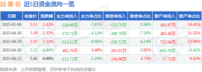 股票行情快报：远望谷（002161）5月6日主力资金净卖出358.08万元
