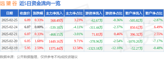 股票行情快报：远望谷（002161）2月25日主力资金净买入568.49万元