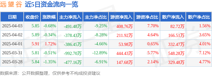 股票行情快报：远望谷（002161）4月3日主力资金净卖出491.48万元