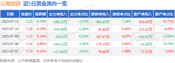 股票行情快报：云南旅游（002059）7月11日主力资金净卖出196.22万元