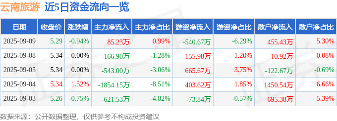 股票行情快报：云南旅游（002059）9月9日主力资金净买入85.23万元
