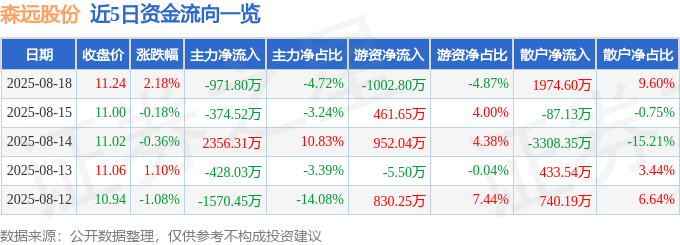 股票行情快报：森远股份（300210）8月18日主力资金净卖出971.80万元