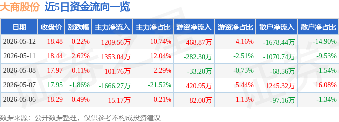 股票行情快报：大商股份（600694）5月12日主力资金净买入1209.56万元