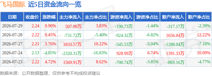 股票行情快报：飞马国际（002210）7月29日主力资金净买入507.90万元